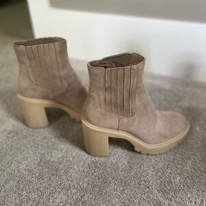 Tan and Cream Heeled Boots with Chunky Heel